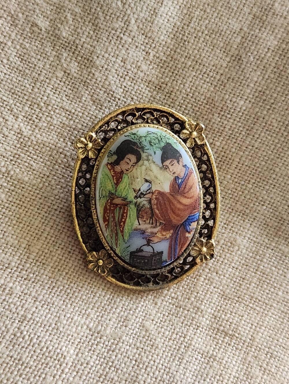 ART Vintage Authur Pepper Birdcage Enamel Gold Cameo Brooch